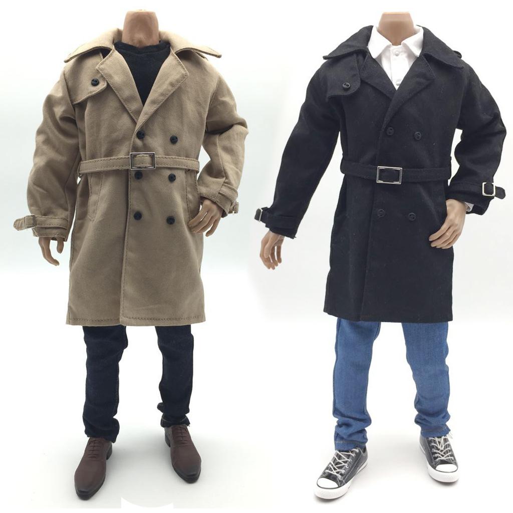 2 Pieces 1/6 Trench Coat Long Jacket for 12'' Male Figure Khaki+Black