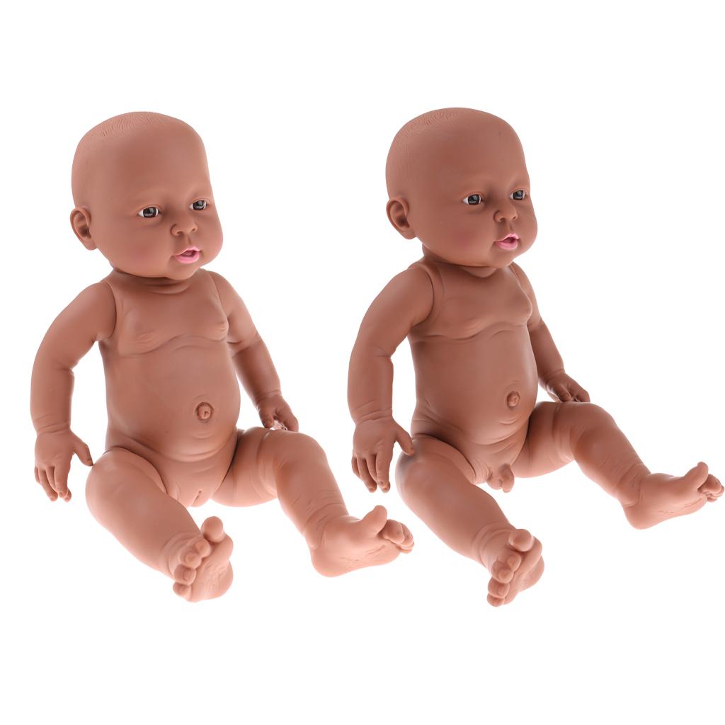 2 Pieces 41CM Vinyl Nude Newborn Baby Doll Pretend Play- African Boy & Girl