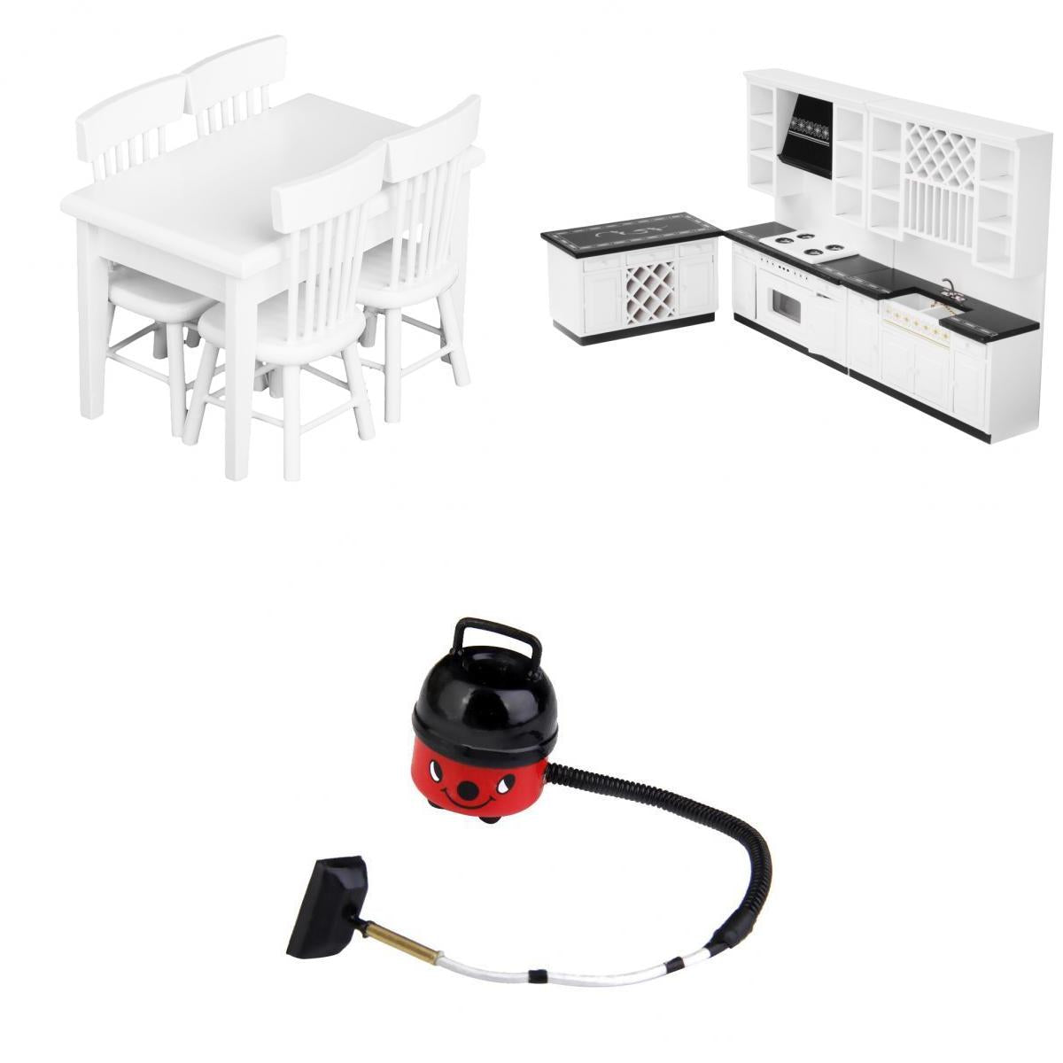 3 Sets 1/12 Dollhouse Miniature Wooden Kitchen Cabinet Table Chair Cleaner