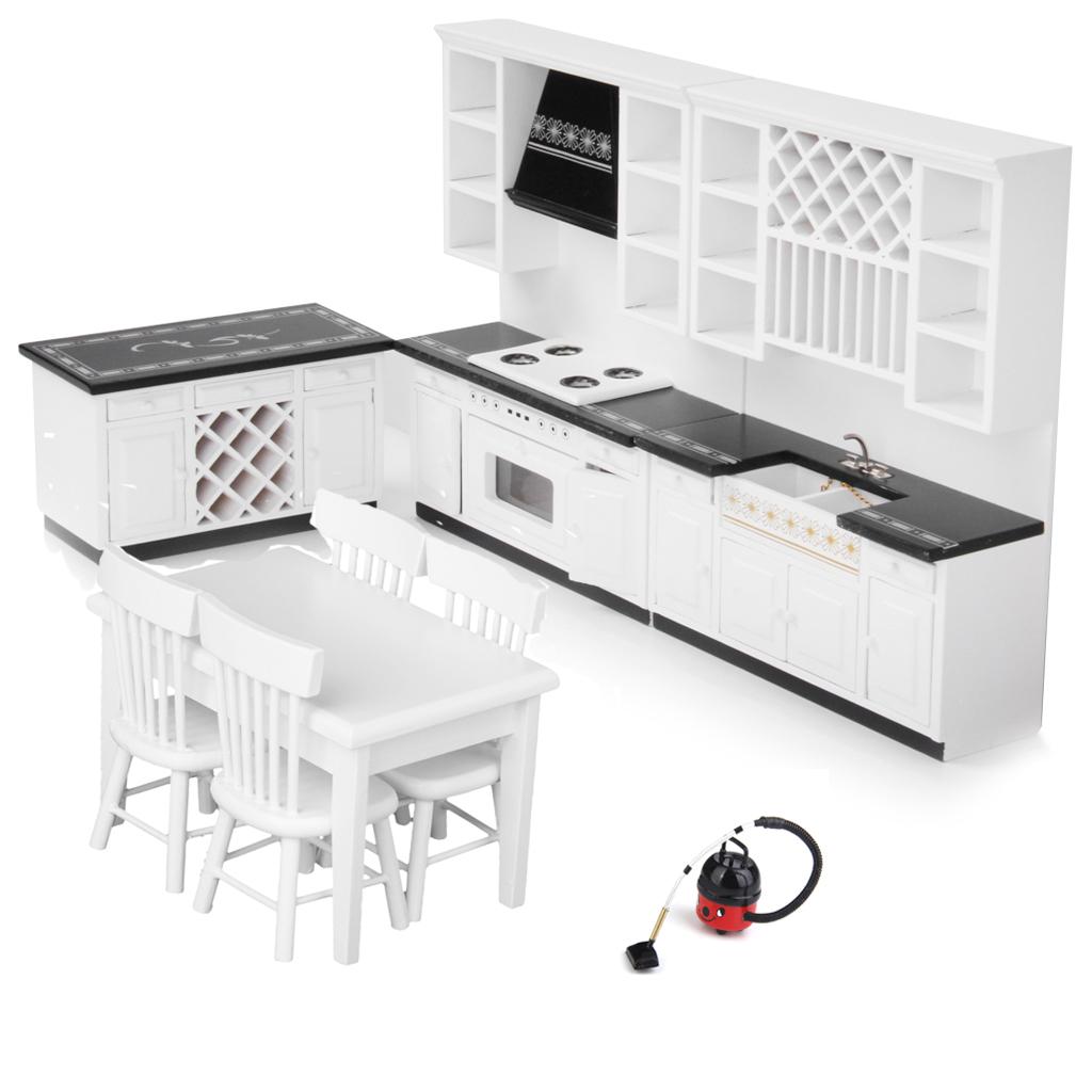 3 Sets 1/12 Dollhouse Miniature Wooden Kitchen Cabinet Table Chair Cleaner