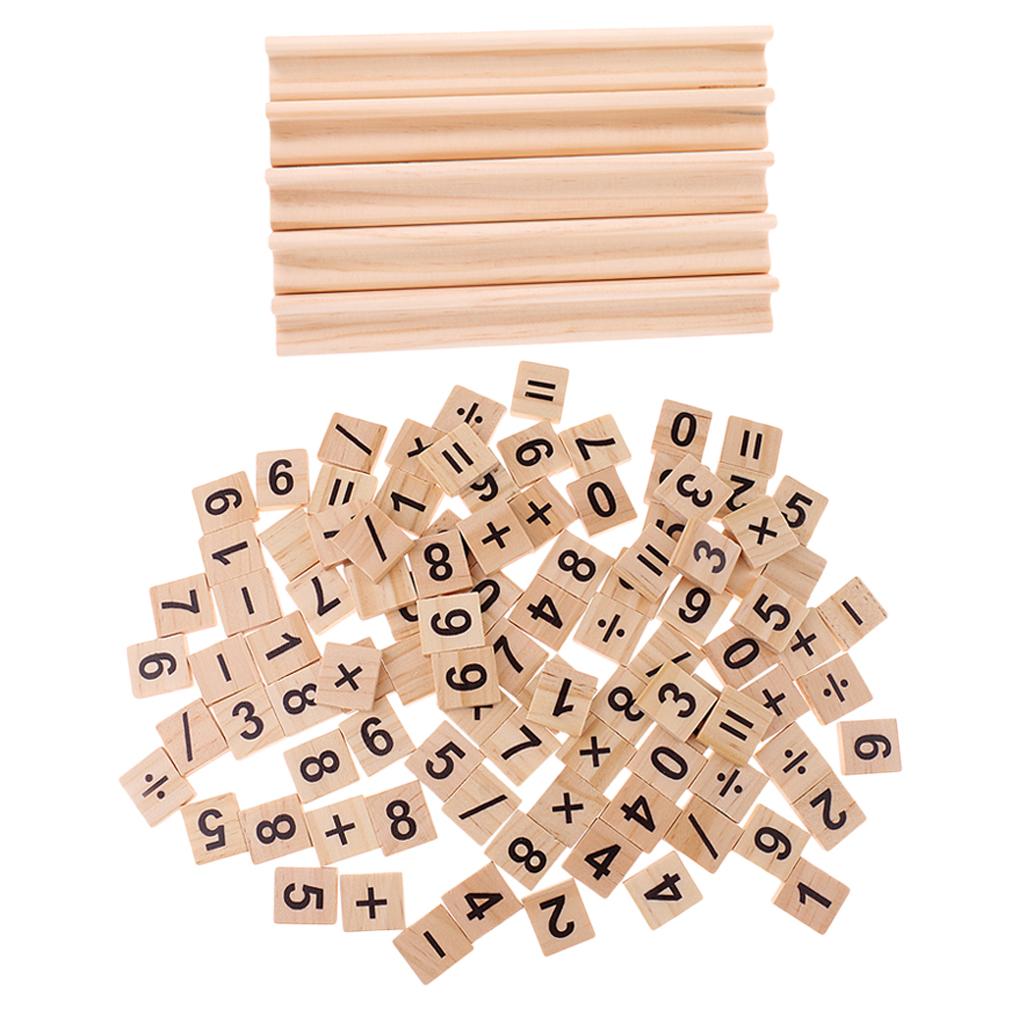 100 Pieces Wooden Number and Symbol Tiles with Wooden Tile Racks Wood Crafts