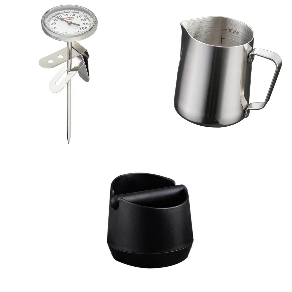 350ml Stainless Coffee Frothing Jug with Scale + Thermometer + Knock Box