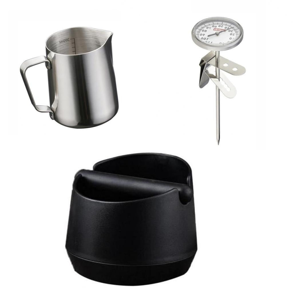 350ml Stainless Coffee Frothing Jug with Scale + Thermometer + Knock Box