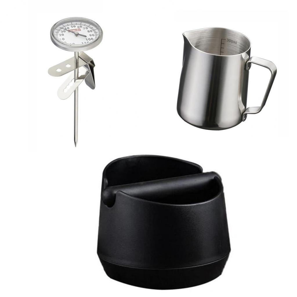 350ml Stainless Coffee Frothing Jug with Scale + Thermometer + Knock Box