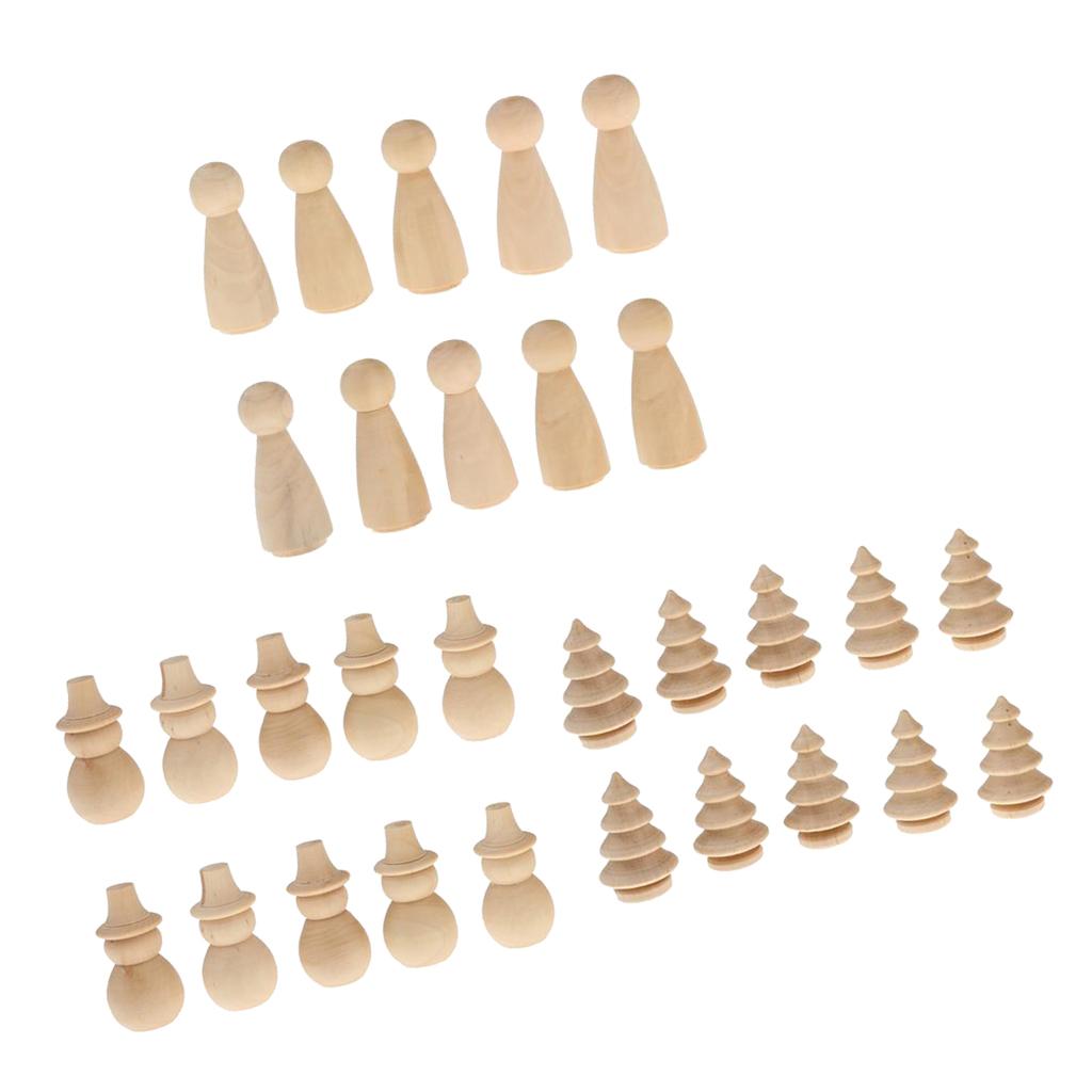 30 Pieces Wooden Peg Dolls Snowman Tree Female DIY Craft Cake Topper