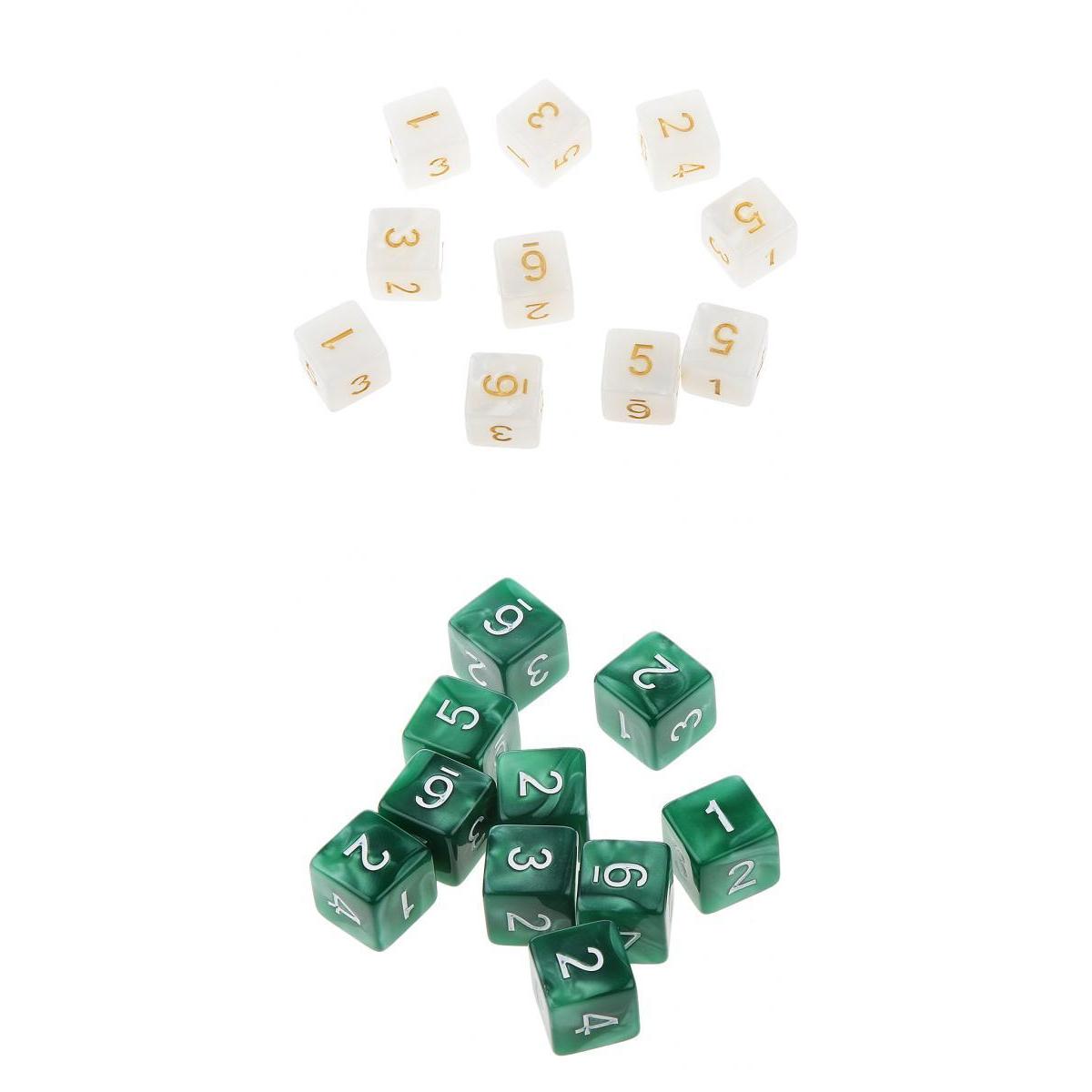 20Piece Six Sided Dice D6 for Playing D&D RPG Party Game White and Green