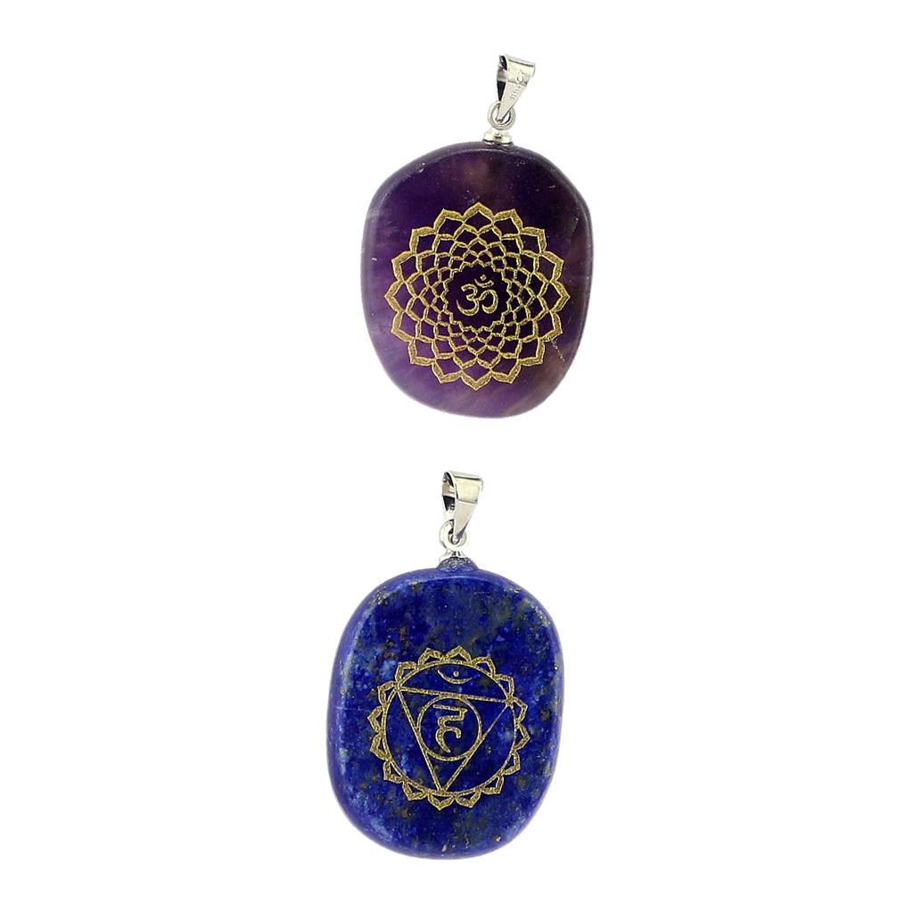 2 Pieces Engraved Reiki Engergy Crystal Pendants Gemstone Palmstone