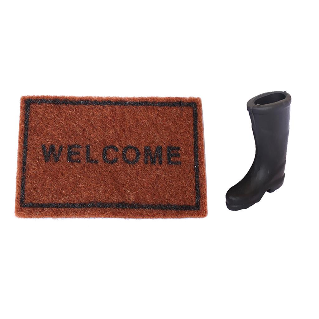 1/12 Dollhouse Miniature Rubber Rain Boots +1/12 Scale Brown Floor Rug Cover