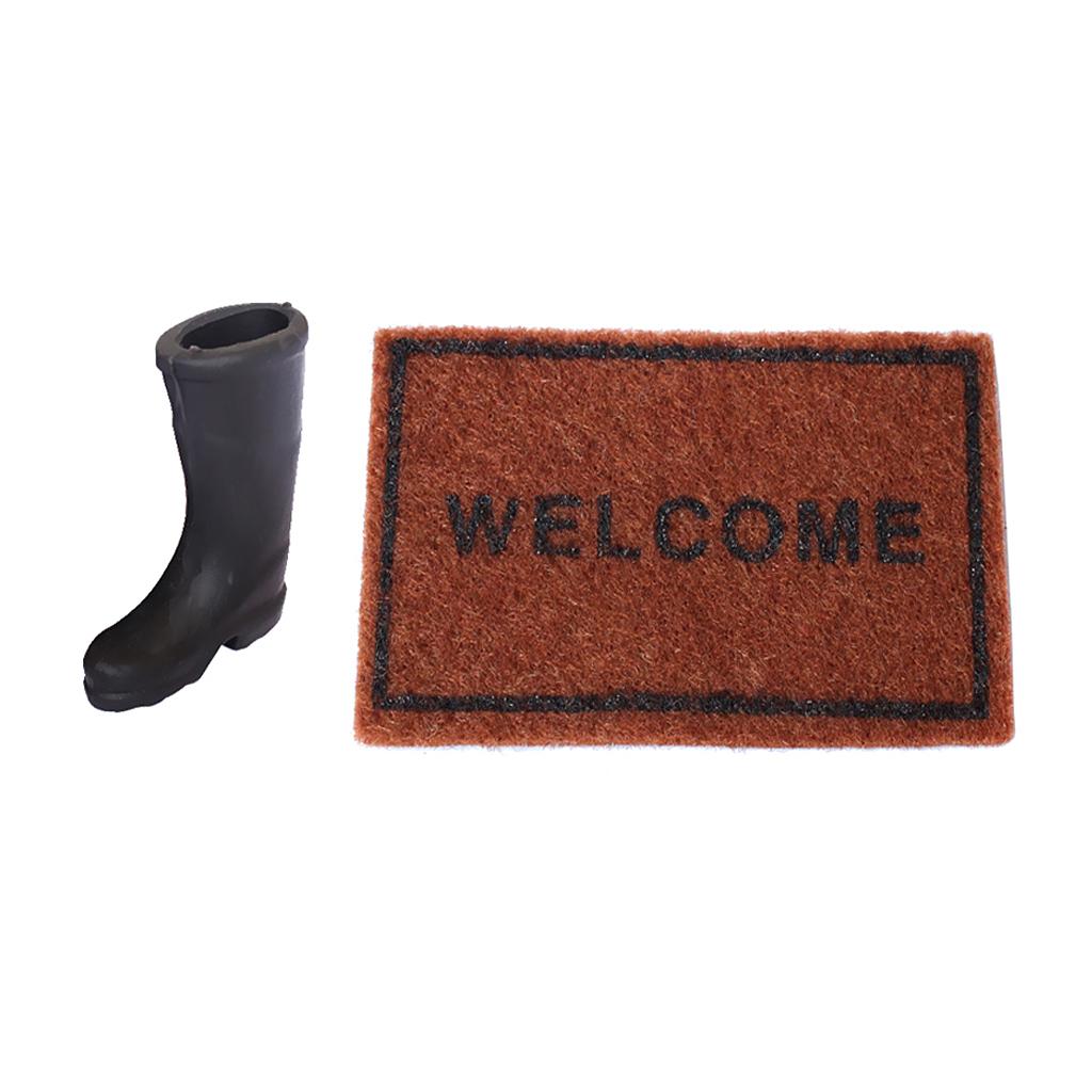 1/12 Dollhouse Miniature Rubber Rain Boots +1/12 Scale Brown Floor Rug Cover