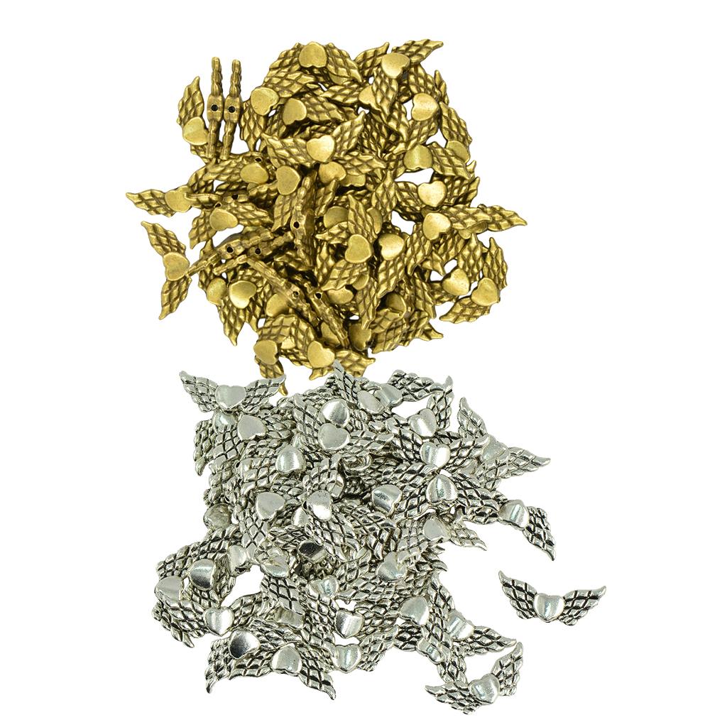 100 Pieces Antique Angel Wing Heart Charm Spacer Beads Jewelry DIY Makings