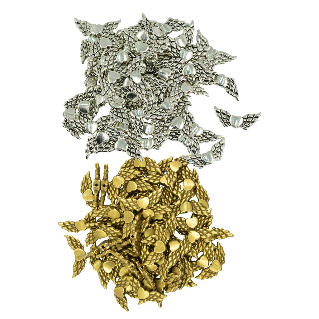 100 Pieces Antique Angel Wing Heart Charm Spacer Beads Jewelry DIY Makings