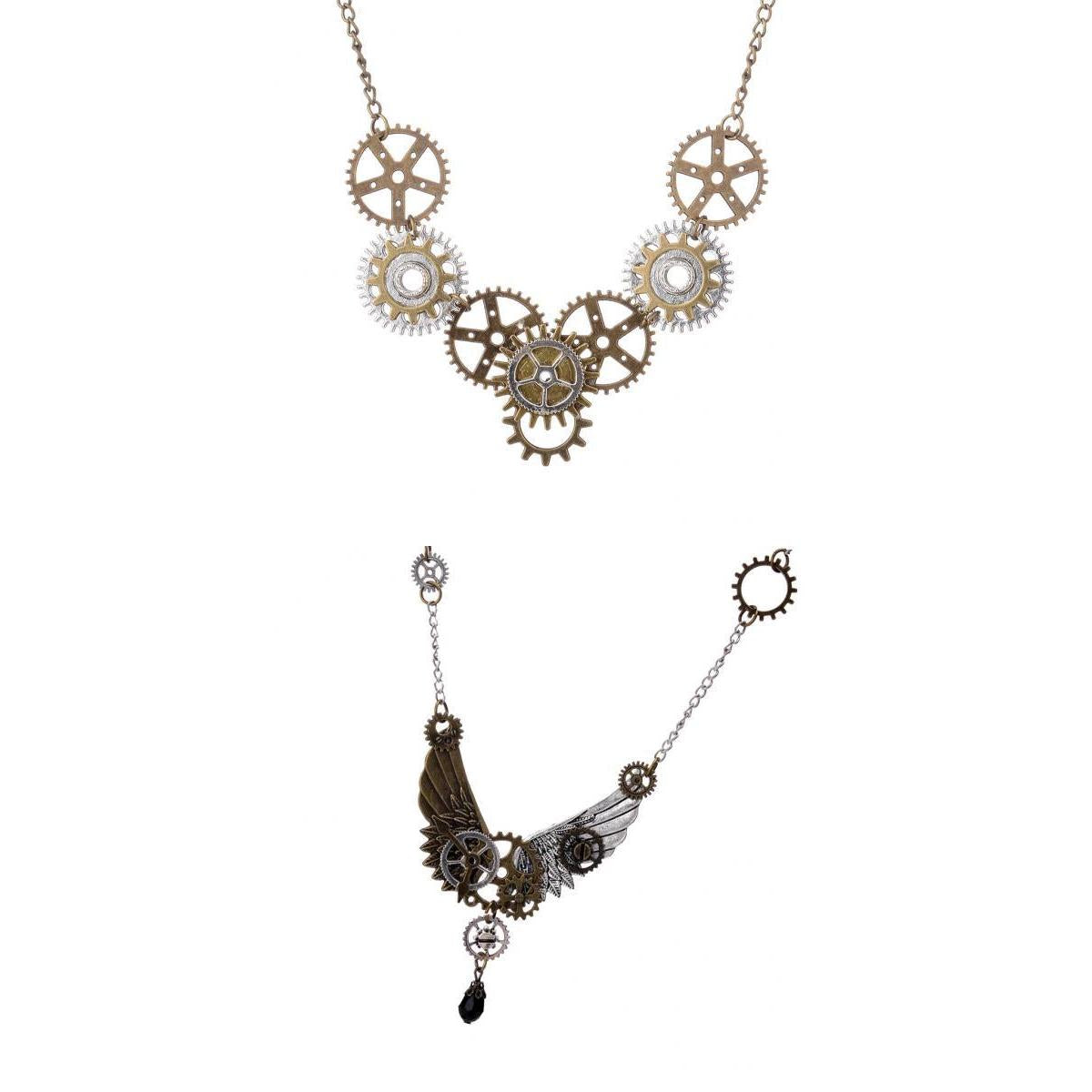 2Pcs Steampunk Gears Big Feather Wings Pendant Lot Gears Necklace for Couple