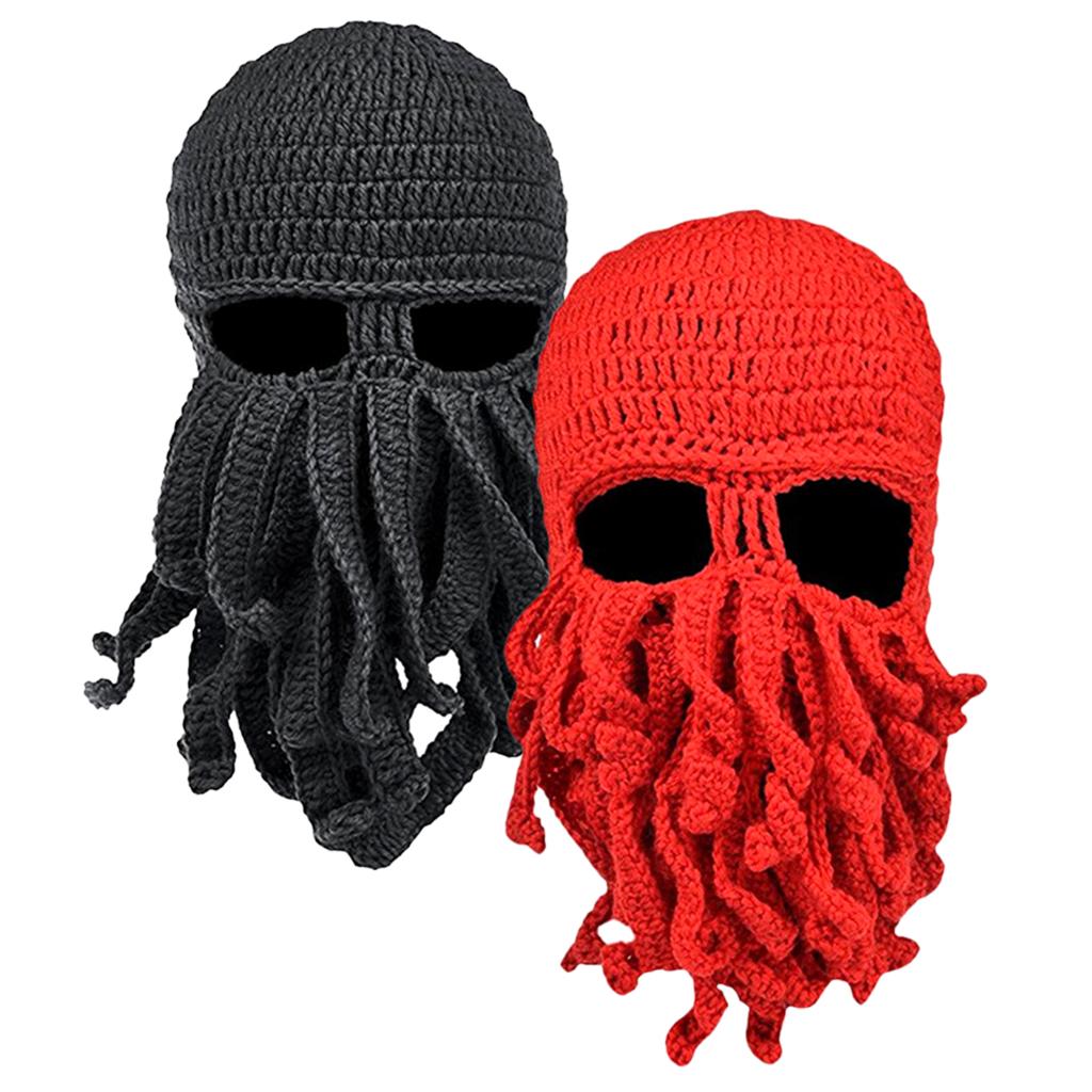 2Pcs Unisex Beard Hat Knit Beanie Cap Winter Warm Octopus Hat