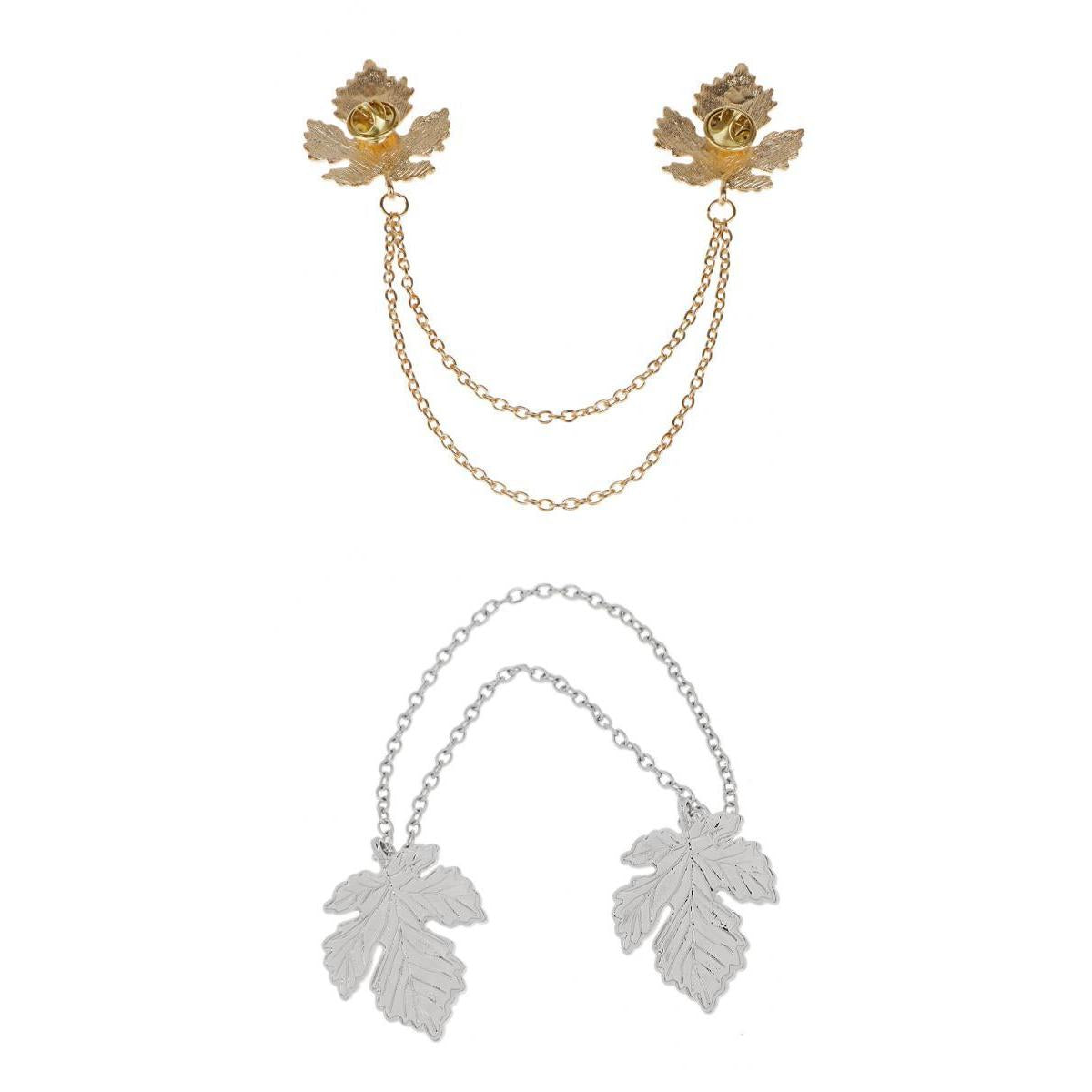 2pcs Gold Silver Maple Leaf Chain Tassels Brooch Lapel Pin Neck Collar Tip