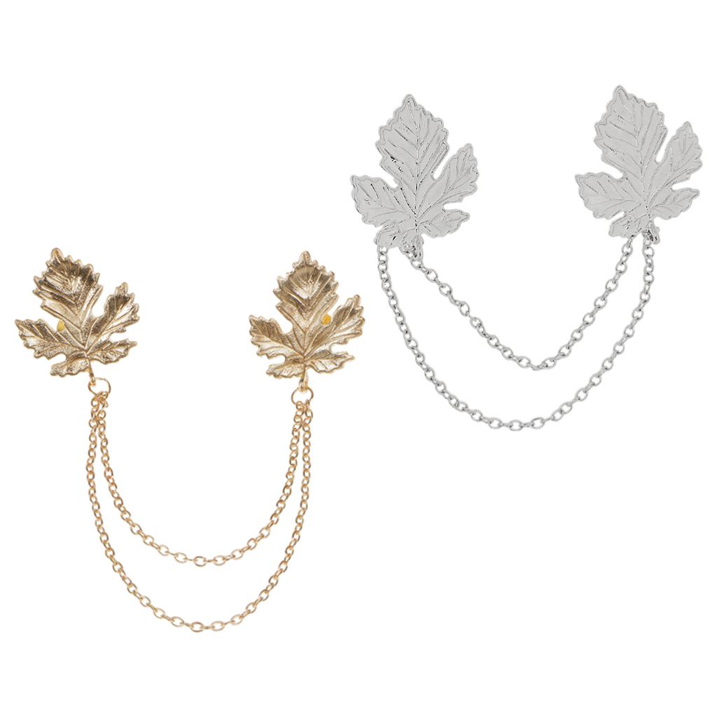 2pcs Gold Silver Maple Leaf Chain Tassels Brooch Lapel Pin Neck Collar Tip
