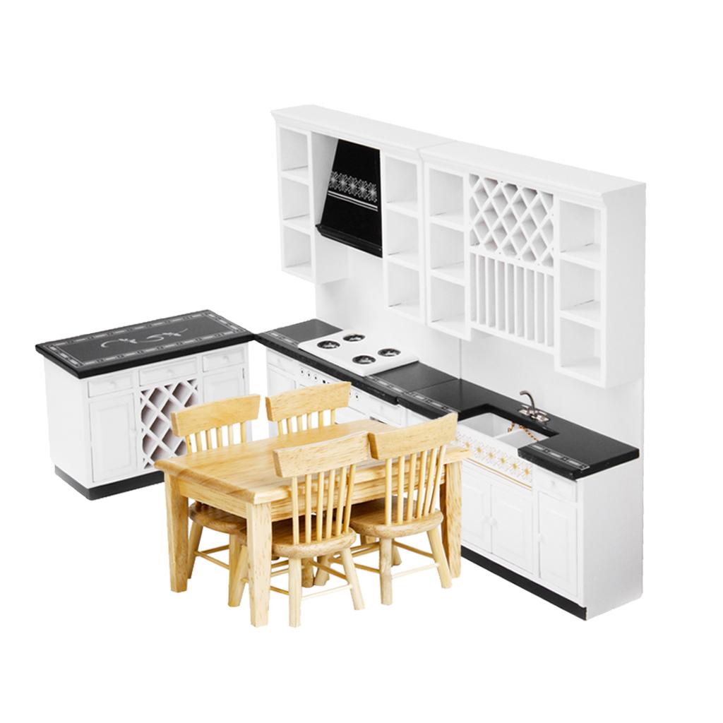 1:12 Dollhouse Miniature Dining Table & Chair + Deluxe Kitchen Furniture Set