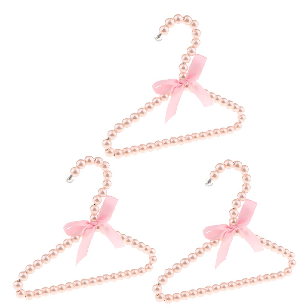 3Pcs 20cm Pearl Beaded Kids Clothes Hanger Coat Dress Pants Hook Holder Pink