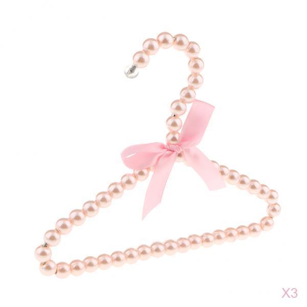 3Pcs 20cm Pearl Beaded Kids Clothes Hanger Coat Dress Pants Hook Holder Pink