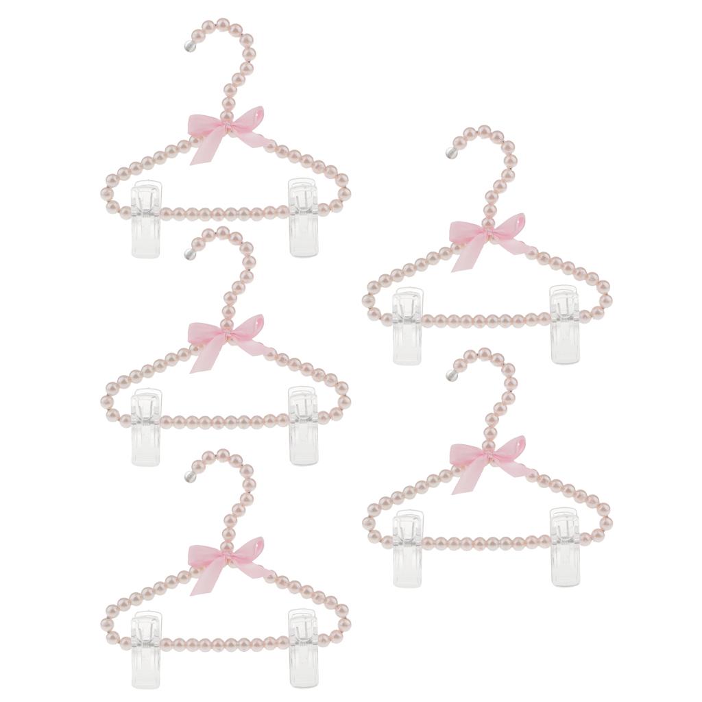 5Pcs 20cm Pearl Beaded Clothes Hanger Trousers Dress Holder with Clip Pink