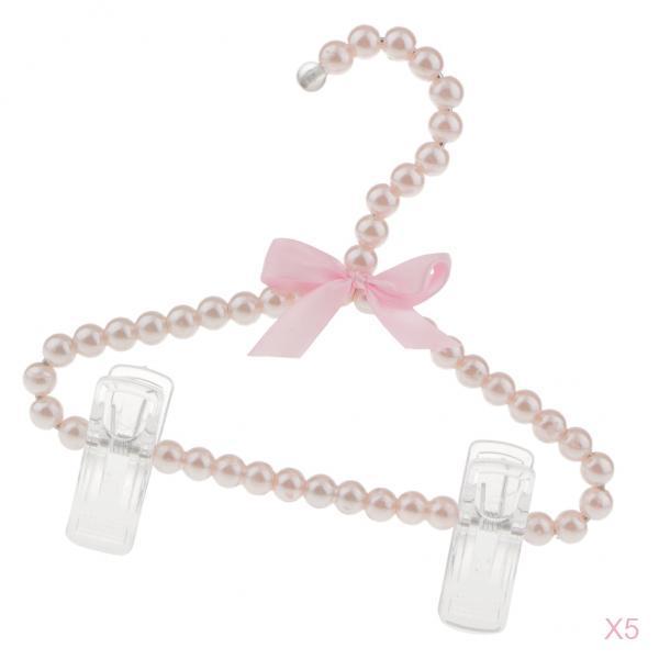 5Pcs 20cm Pearl Beaded Clothes Hanger Trousers Dress Holder with Clip Pink