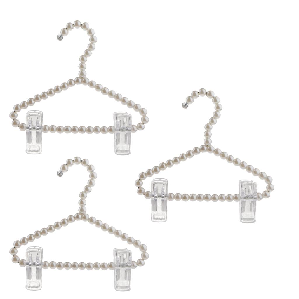 3Pcs 20cm Pearl Beaded Clothes Hanger Trousers Dress Holder with Clip White