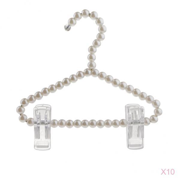 10Pcs 20cm Pearl Beaded Clothes Hanger Trousers Dress Holder with Clip White