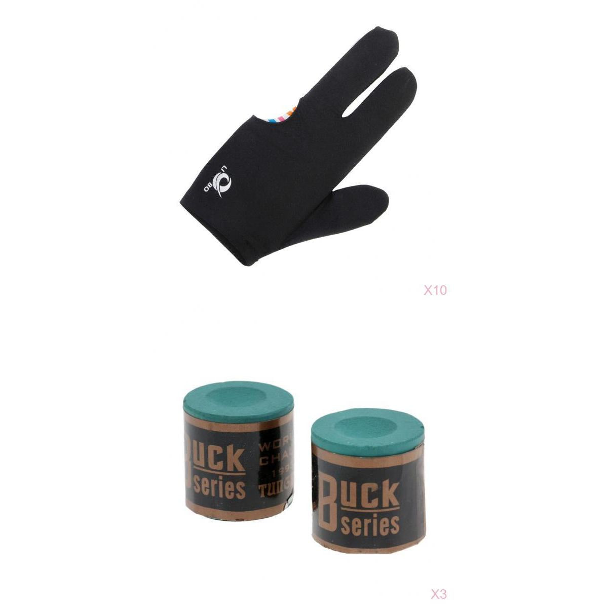 6 Snooker Pool Cue Tip Table Billiard Chalk + 10pcs 3 Finger Billiards Glove