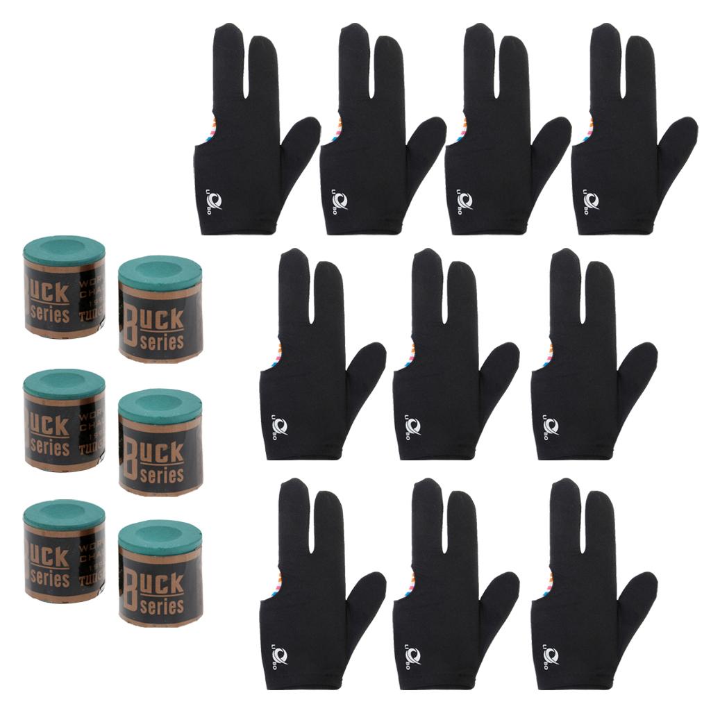 6 Snooker Pool Cue Tip Table Billiard Chalk + 10pcs 3 Finger Billiards Glove