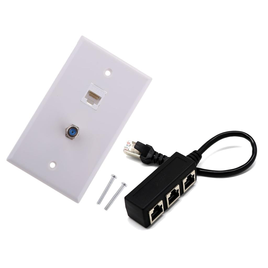 Coaxial F Connector Ethernet Wall Plate+RJ45 1 to 3 Network Splitter