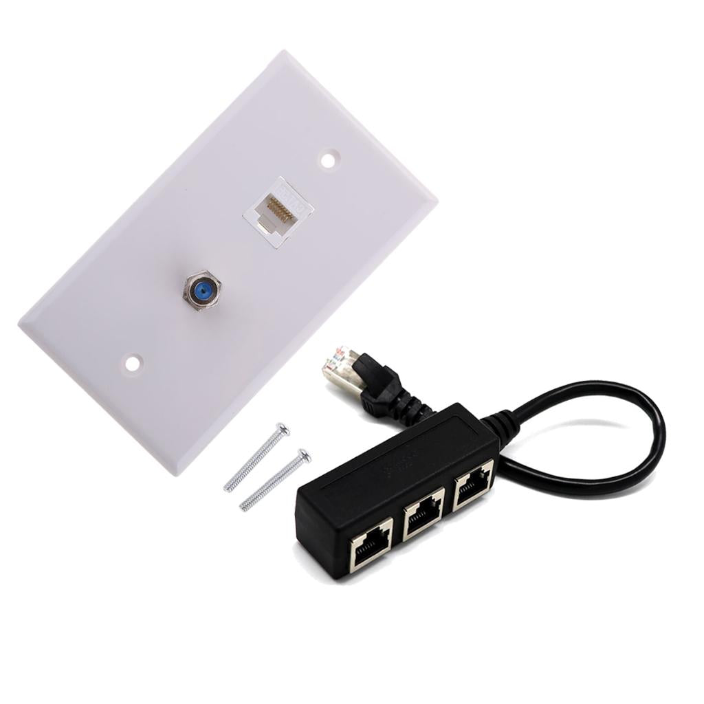 Coaxial F Connector Ethernet Wall Plate+RJ45 1 to 3 Network Splitter