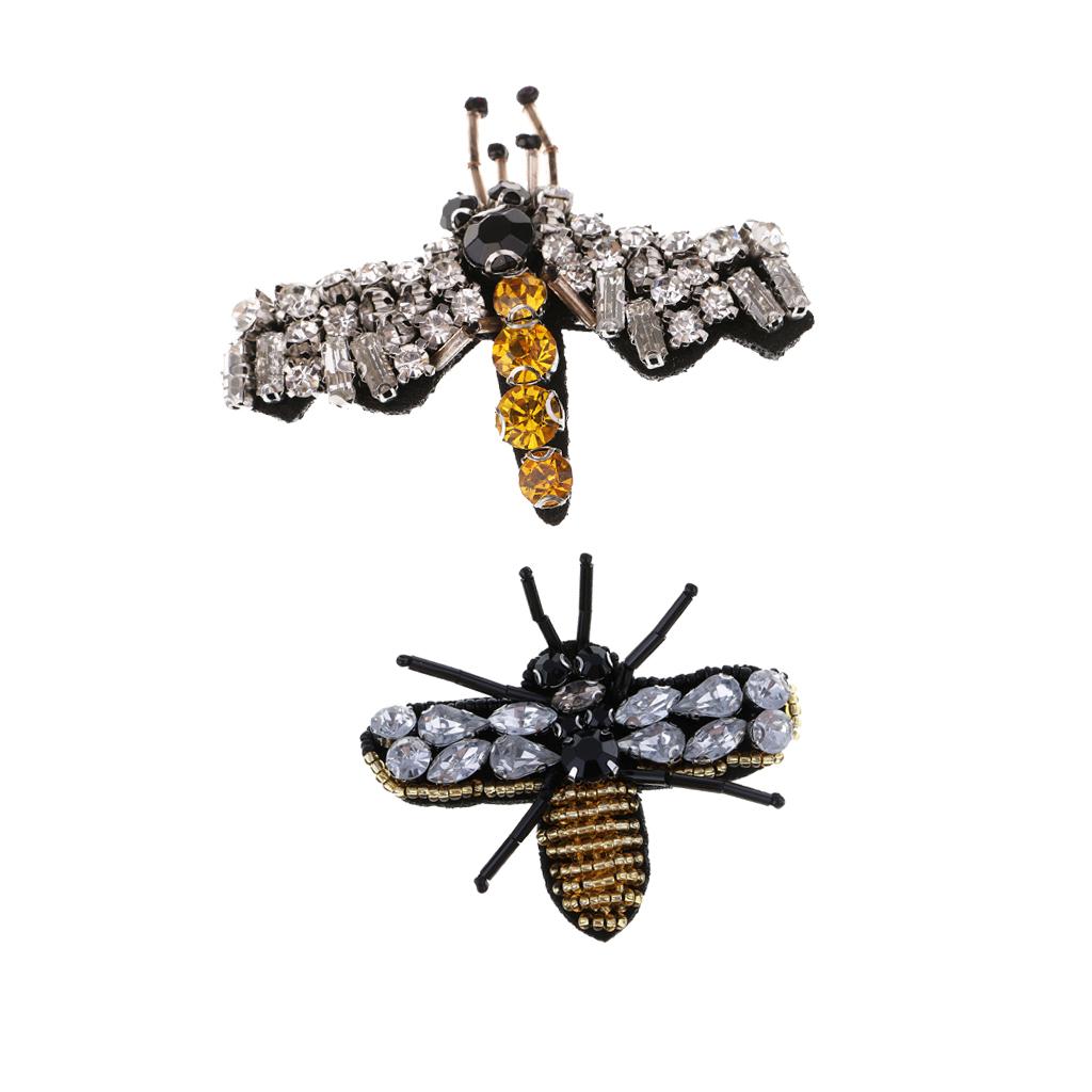 2pcs Bee Dragonfly Rhinestones Beads Patches Sew on Patch Applique DIY Decor