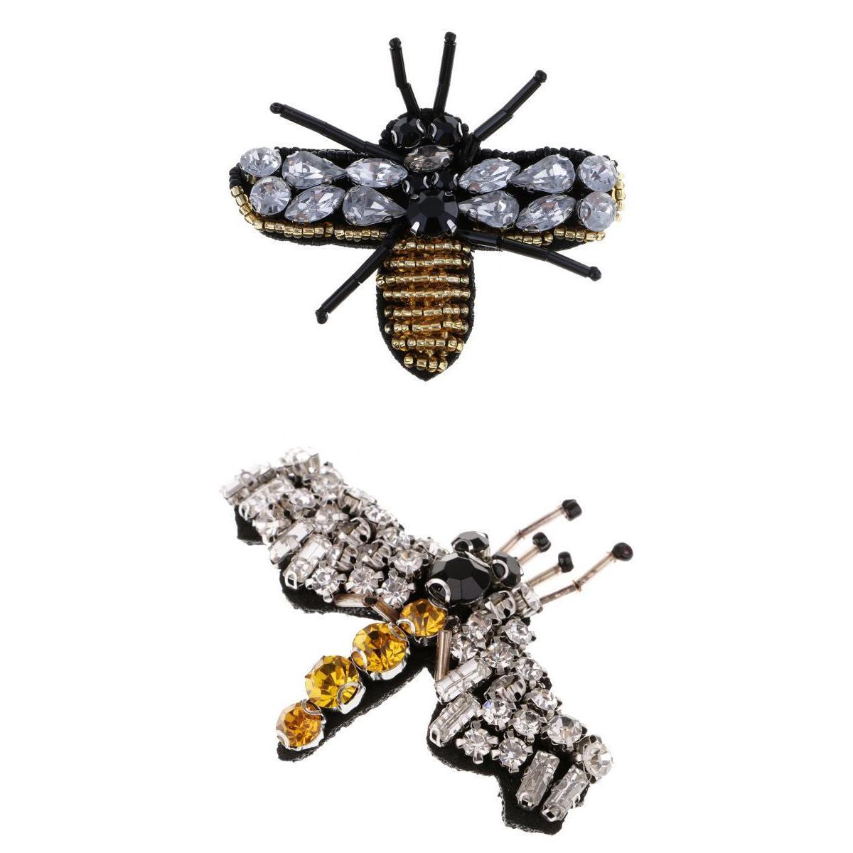 2pcs Bee Dragonfly Rhinestones Beads Patches Sew on Patch Applique DIY Decor
