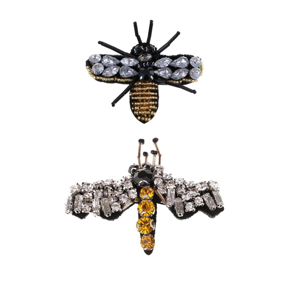 2pcs Bee Dragonfly Rhinestones Beads Patches Sew on Patch Applique DIY Decor