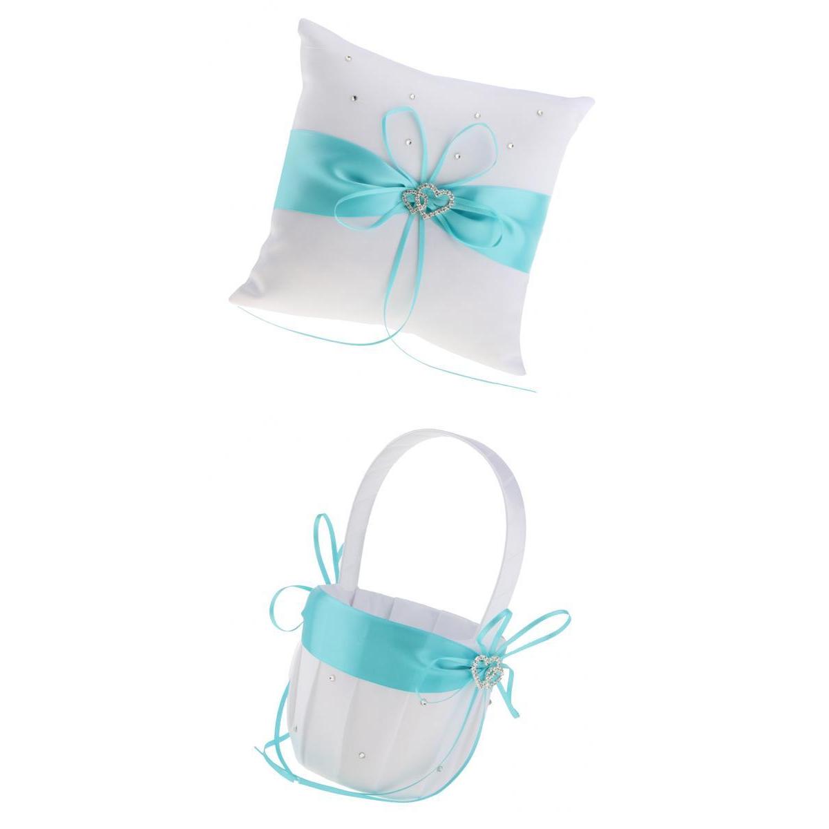 2pcs Wedding Ceremony Satin Double Heart Ring Pillow Flower Girl Basket Set