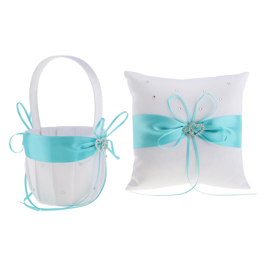 2pcs Wedding Ceremony Satin Double Heart Ring Pillow Flower Girl Basket Set