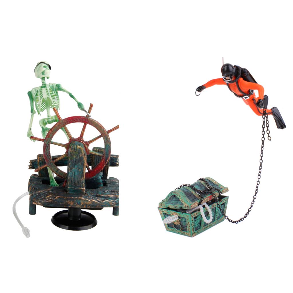 2Pcs Aquarium Fish Tank Decorations Treasure Diver And Artificial Skeleton