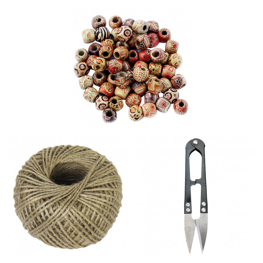100 Piece Mixed 12mm Wooden Beads with Jute Twine Cord and Craft Scissors