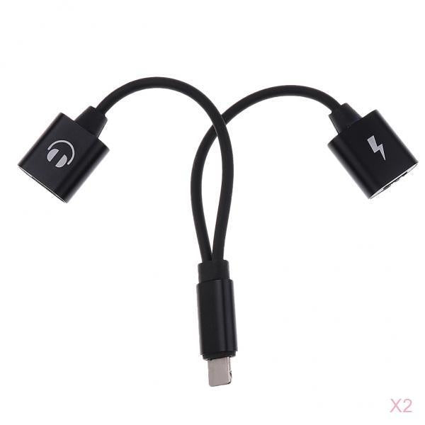 2 Pieces Double Jack Headphone Audio + Charging Adapter for iPhone Black