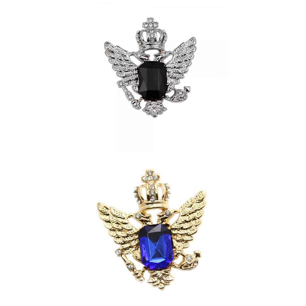 2pcs Vintage Blue/Black Rhinestone Crown Eagle Collar Brooch Pin for Men