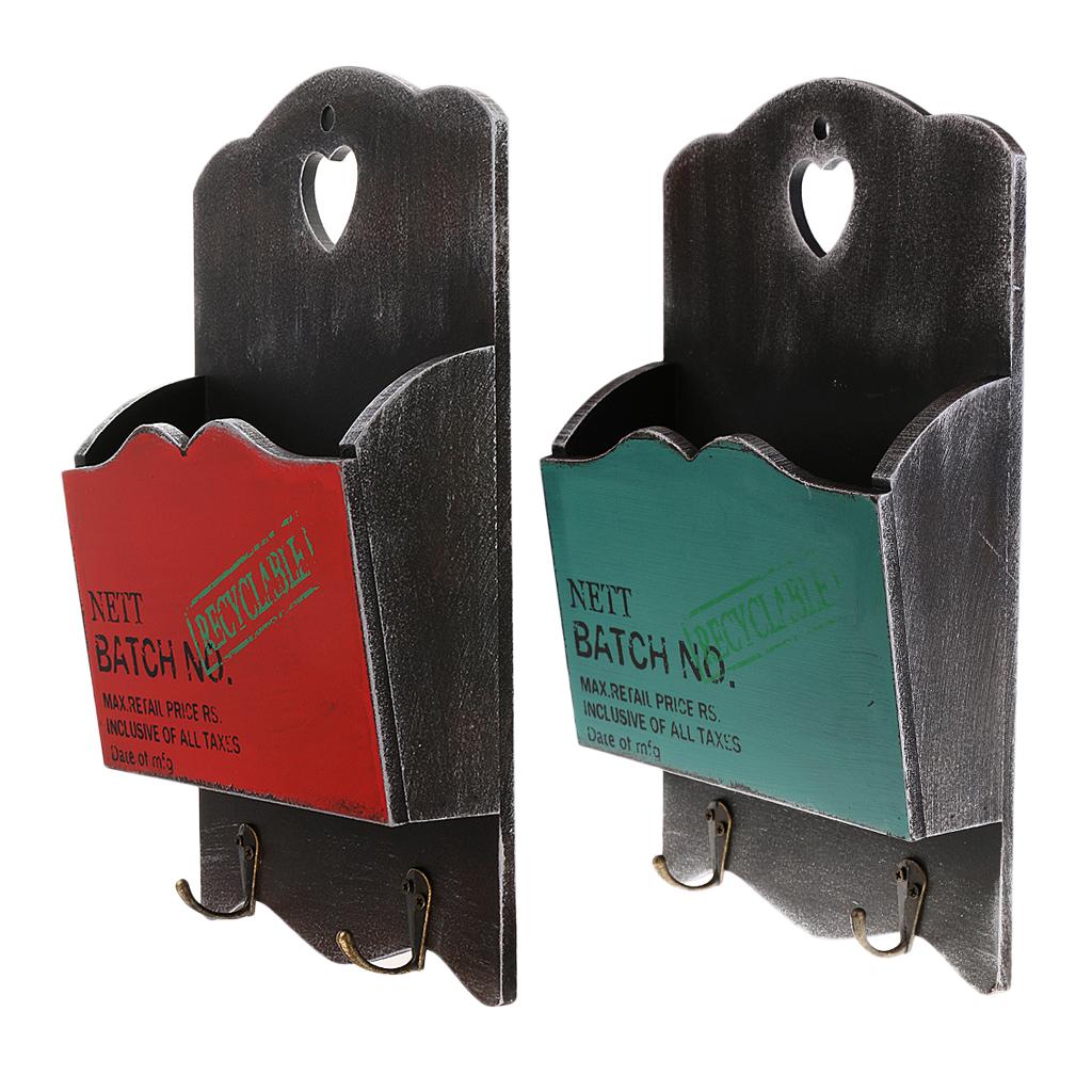 2PCS Wall Storage Hook Vintage Wooden Letter Box Hanging Organizer Key Box