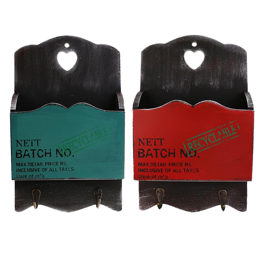 2PCS Wall Storage Hook Vintage Wooden Letter Box Hanging Organizer Key Box