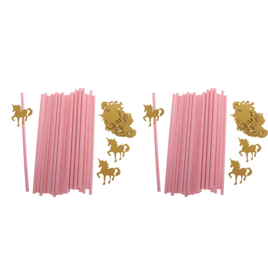 50x Pink Paper Straws with Glitter Gold Unicorn for Kid Birthday Party Decor