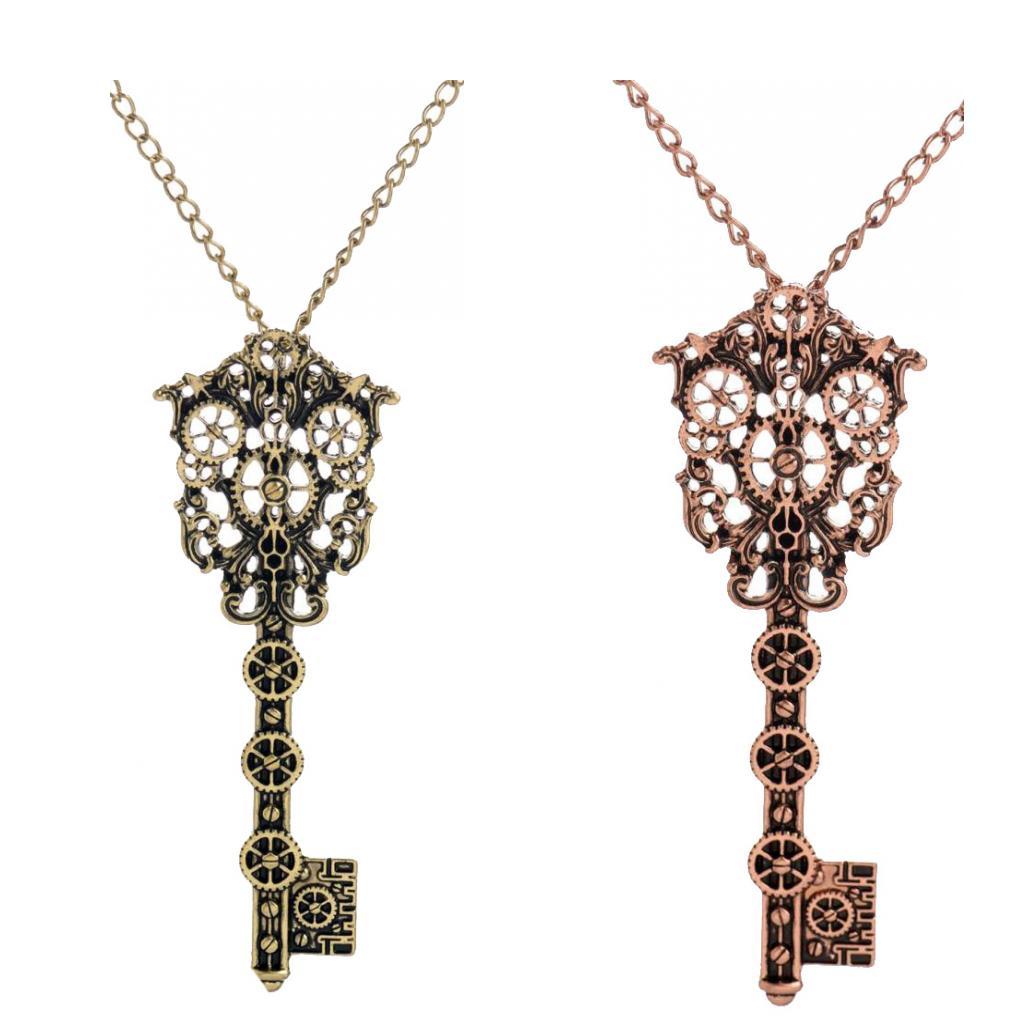 2pcs Vintage Filigree Skeleton Key Gear Cog Steampunk Chain Pendant Necklace
