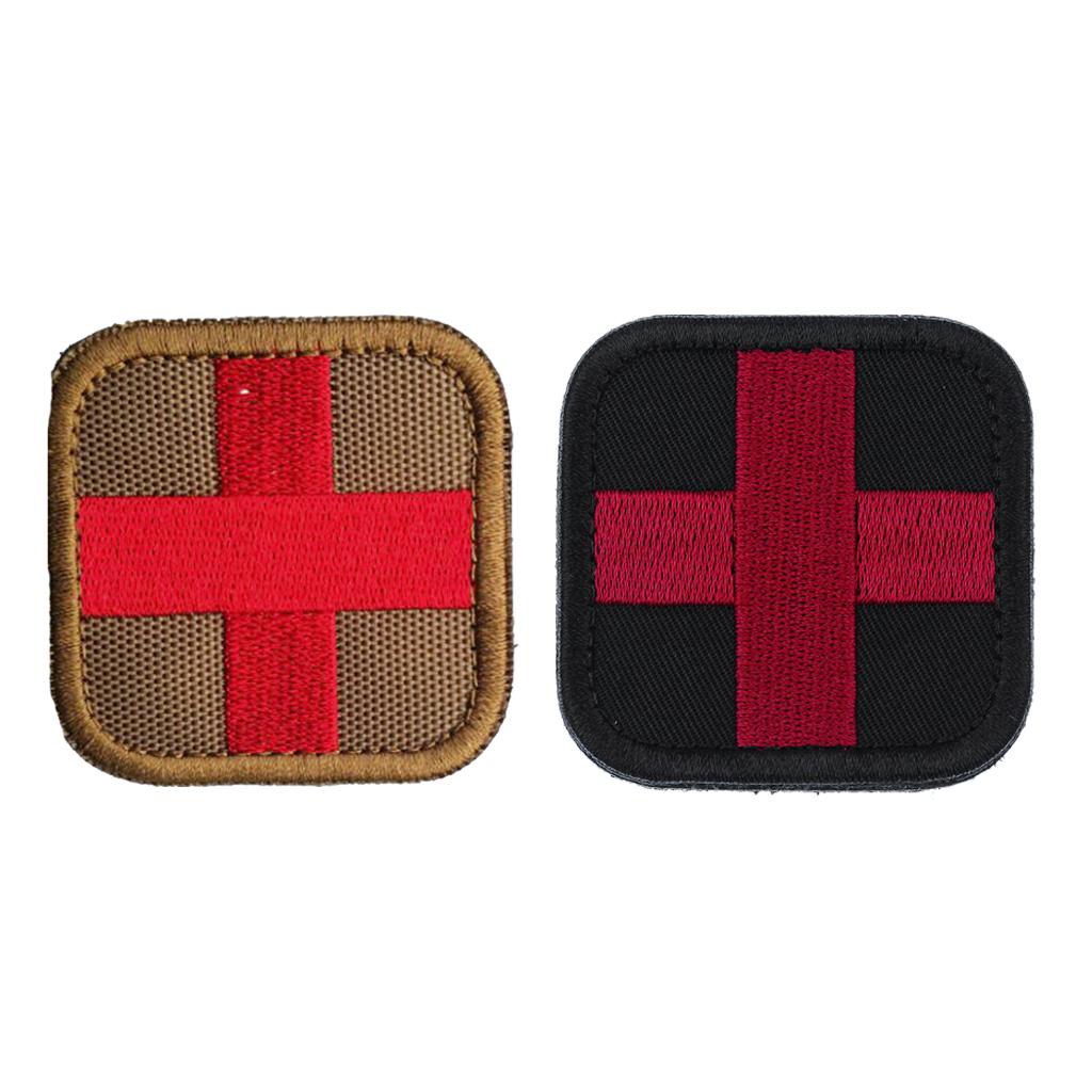2Pcs Hook Loop Medic First Aid Red & Black Cross Patch 50 x 50mm