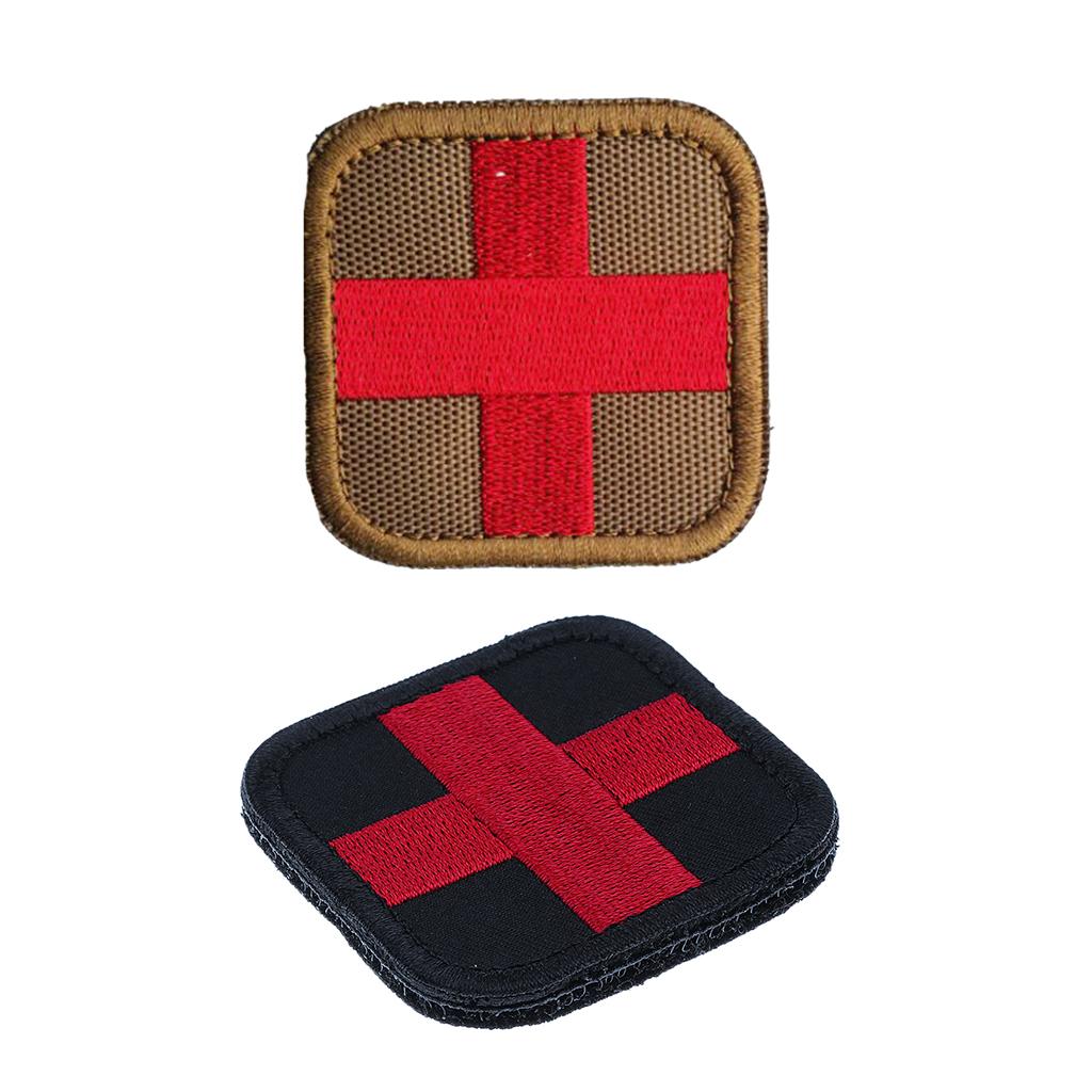 2Pcs Hook Loop Medic First Aid Red & Black Cross Patch 50 x 50mm