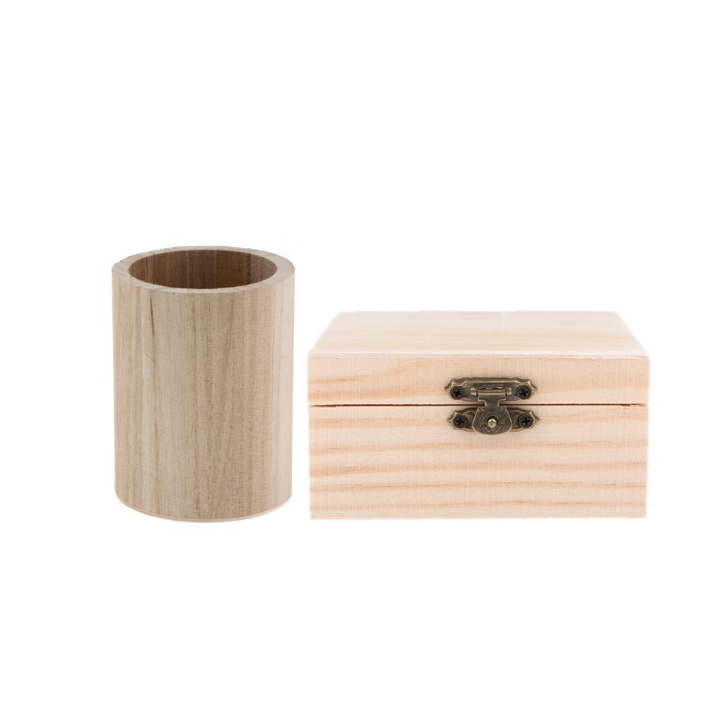 2 Pcs Unfinished Wooden Pen Container and Jewel Box for Kids Painting Crafts