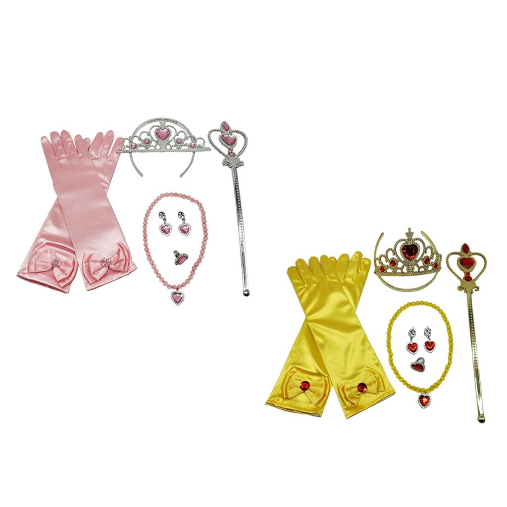 2 Sets Princess Belle Dress Costume Accessory Glove Wand Tiara Jewelry Set
