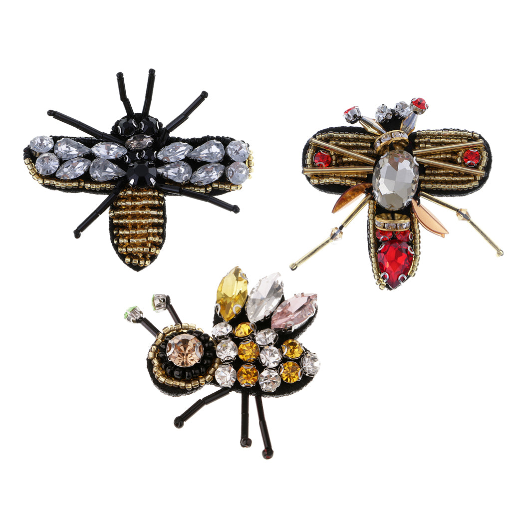 3pcs Bee Sequins Rhinestones Beaded Patches Sew on Patch Appliques Decor