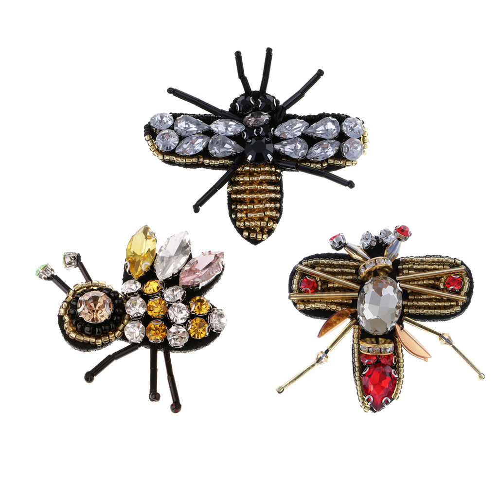 3pcs Bee Sequins Rhinestones Beaded Patches Sew on Patch Appliques Decor