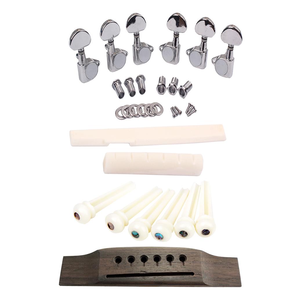 6 String Rosewood Guitar Bridge with Bone Bridge Pins Saddle Nut Tuning Pegs